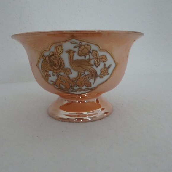 Noritake Orange Lusterware Mayo Condiment Footed Bowl Underplate Peasant Bird - Picture 7 of 11